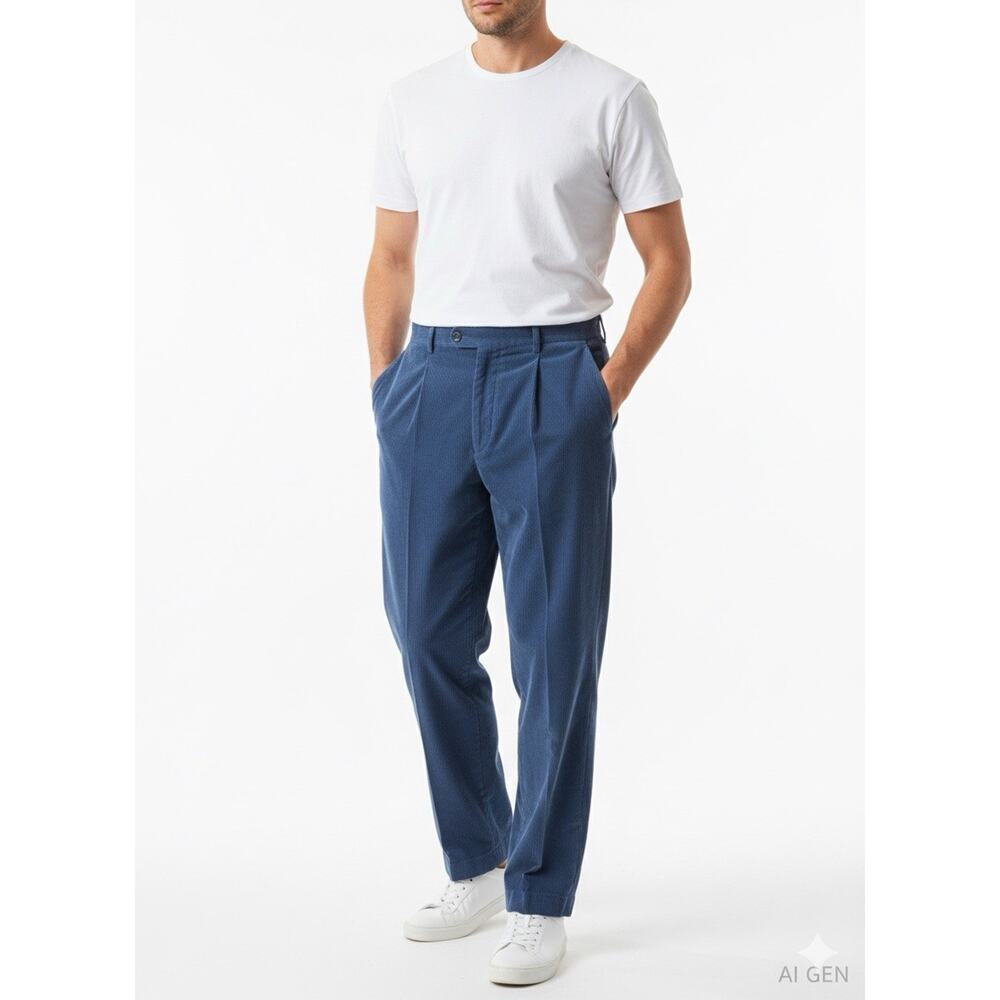 Hickey Freeman Mens Cordouroy Pleated Trousers Blue 100% Cotton Cuffed Sz 40